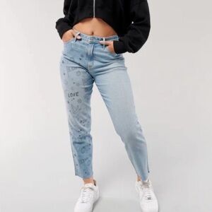 Hollister Women's Blue Jeans 32 Graphic Print Mom Raw Hem Distressed